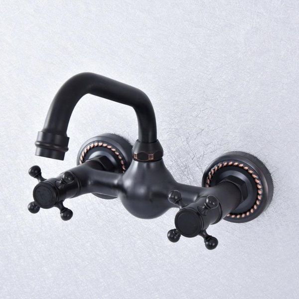 

wall mounted bathroom kitchen faucet dual handle black bronze and cold water tap 360 swivel spout kitchen mixer tap lsf7261
