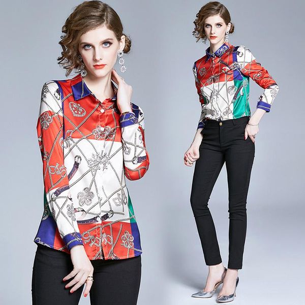 

new spring summer fall runway vintage floral print collar button long sleeve womens ladies party casual shirt blouse, White