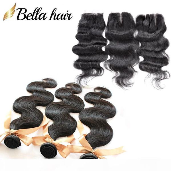 

full head lace closure with bundles brazilian human hair weft 3pcs+1pc virgin hair closure 4x4 body wave extension bundles bella hair, Black