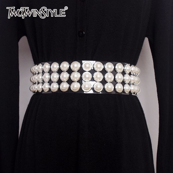 

twotwinstyle pearls belt female diamonds patchwork transparent wide belts summer fashion harajuku cummerbunds accessories 2020 1012, Black;brown
