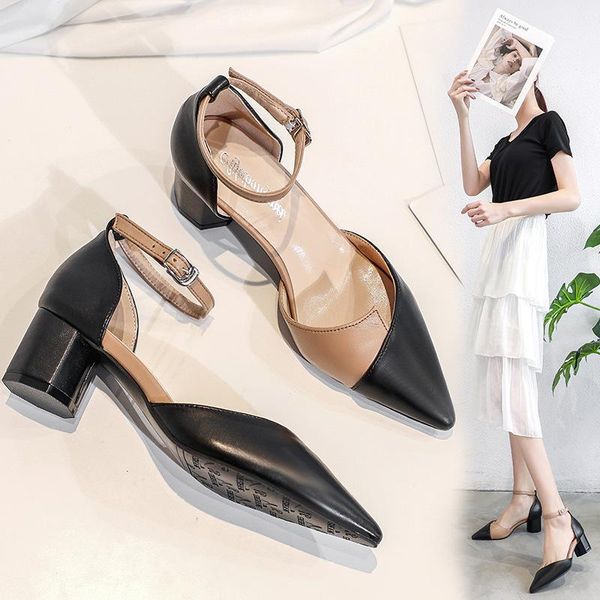 

closed toe mixed color sandals women 2021 thick med-high heels femmes sandales buckle band cover heels sandalias ladies shoes 40, Black