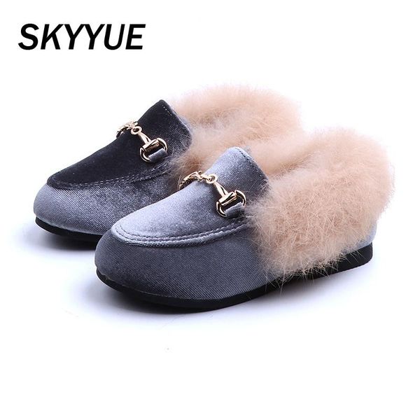 

new winter kids fur shoes children leather shoes baby girls warm flats toddler black brand princess loafer sweet moccasin, Black;grey