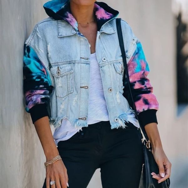 

women patchwork broken hole tie-dye white fringe denim jacket