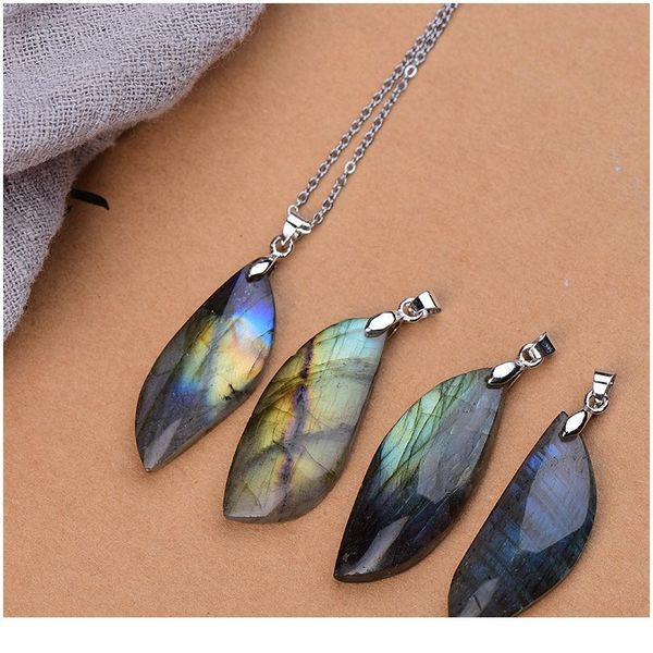 

1pc fashion simple natural labradorite leaf shape pendant raw crystals healing stone stainless steel pendant n jllqqd, Black