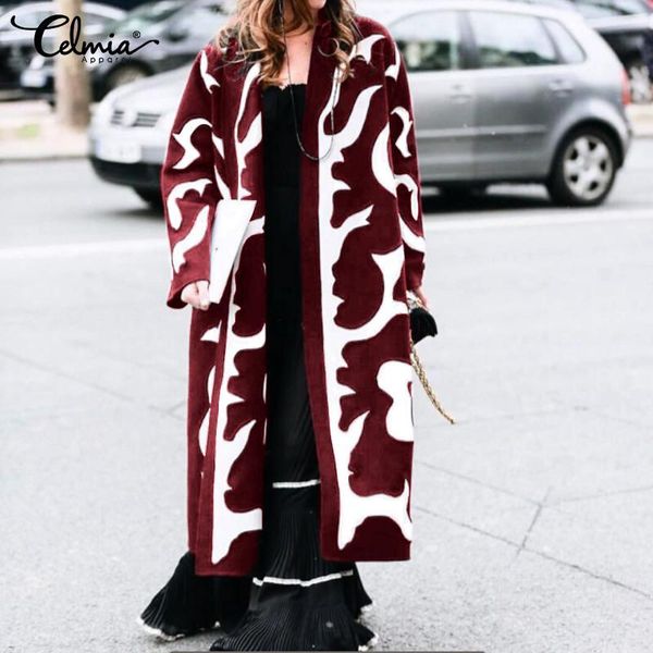 

women's jackets vintage printed coats women long sleeve open stitch parka celmia 2021 winter fashion cardigan loose outerwear s-5xl, Black;brown
