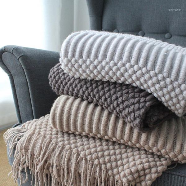 

autumn winter solid sheep couch cover knitted warm living room lightweight home bubble textured throw blanket with tassels sofa1