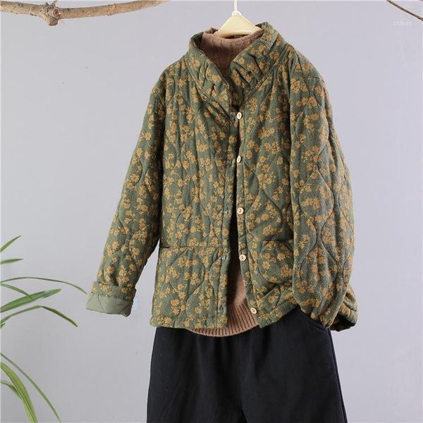 

yoyikamomo 2018 new women winter parkas thick vintage floral loose single-breasted long sleeve cotton-padded women coat1, Black