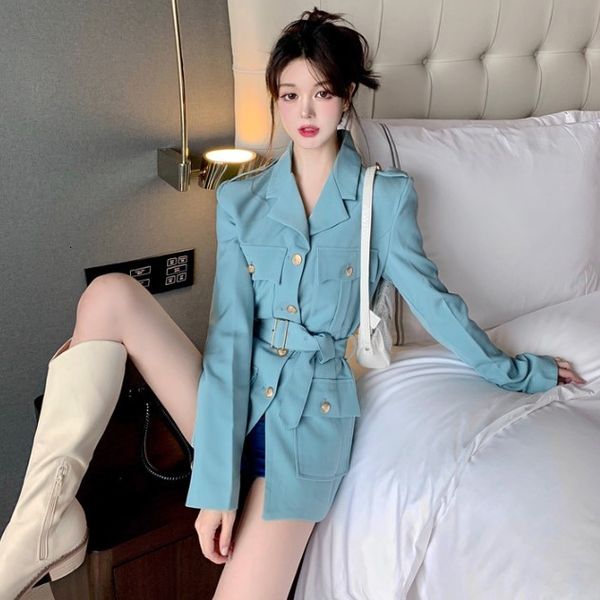 

autumn 2020 new style lapel coat multi pocket button lace up long sleeve small suit for women