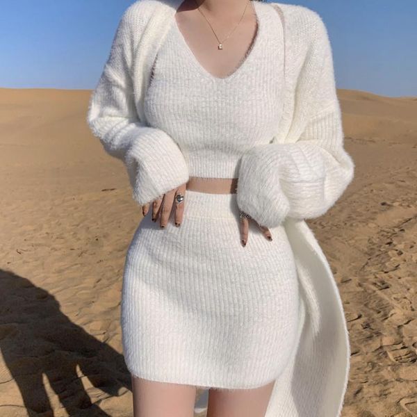 

women's tracksuits white sweater sets autumn 3 piece fashion oversize cardigan crop + bodycon skir suits sweet knitted tracksuit, Gray