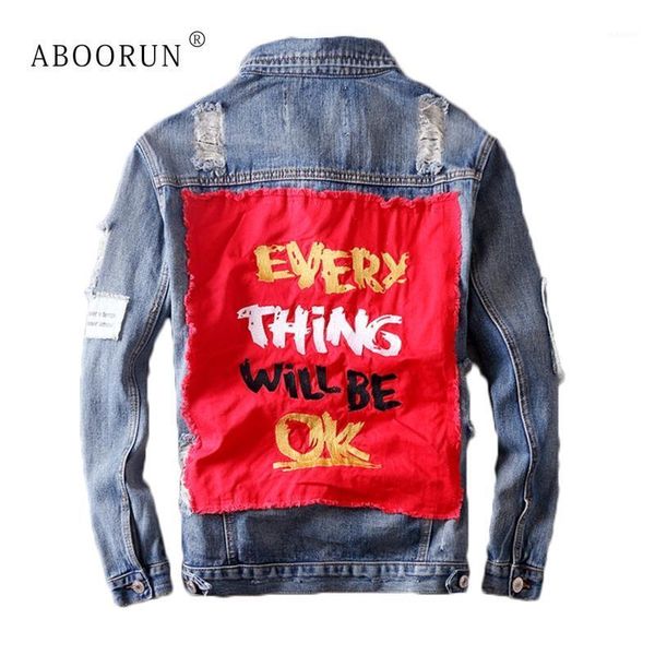 

aboorun men's fashion denim jacket retro patches ripped jean jacket spring autumn streetwear coat for male x17421, Black;brown
