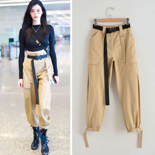 

2019 xi mengyao's same khaki summer high waist loose work cloth pants belt capris black open back t women, Black;gray