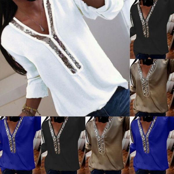 

women ladies 2020 new fashion sequin v neck long sleeve casual l 5xl increase t shirt summer office, White