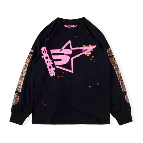 

2021 new sp5der 555555 t-shirt men women pink star pattern print tees long sleeve tee, White;black