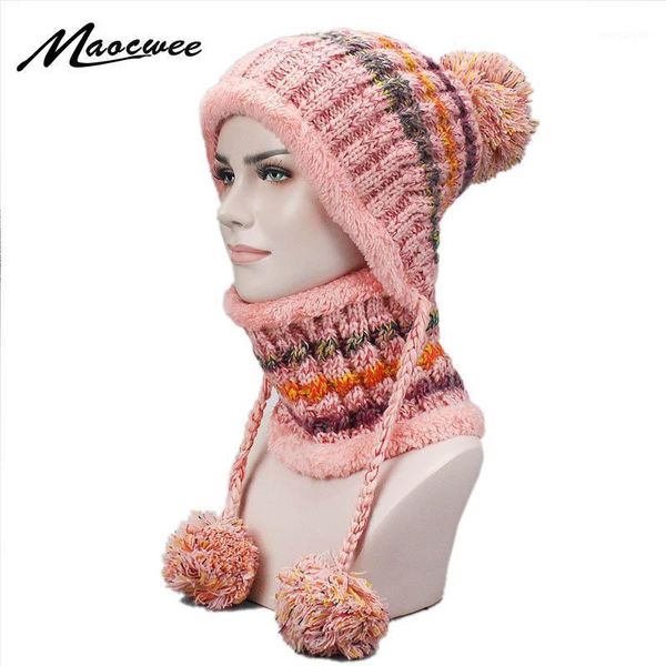 

winter women knitted hat scarf set female warm pompon hat ring scarf set fashion thicked casual snow caps with lining1