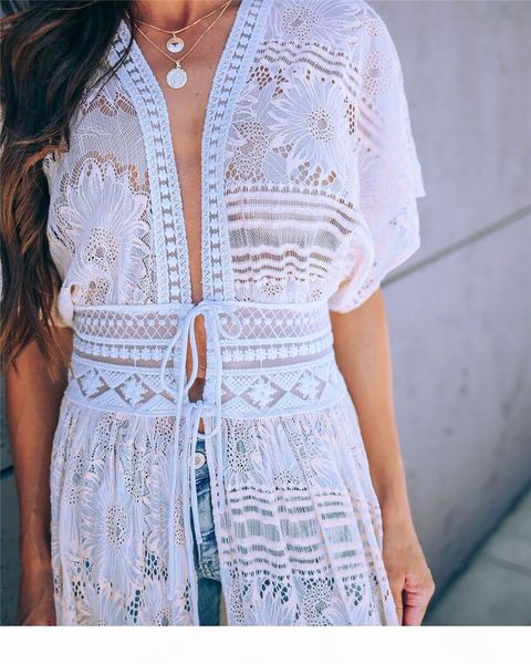 

2020 elegant cover-ups swimwear deep v-neck summer beach dress white lace floral tunic women beachwear swimsuit cover up robe de plage, White;black
