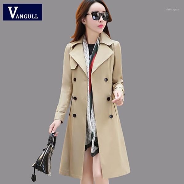 

vangull women trench coat spring fall fashion trench turn-down collar double breasted patchwork long coat slim wind1, Tan;black