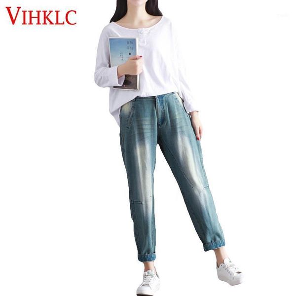 

women's jeans 2021 autumn winter literary denim pants large size stitching loose harlan trousers slim casual carrot x2371, Blue