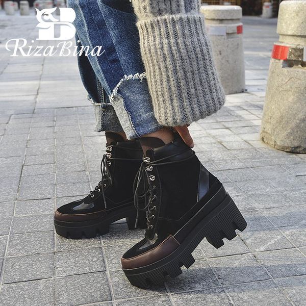 

rizabina 2021 new design cow suede genuine leather fashion boots woman fashion leisure outdoor women ankle boots size 34-42, Black