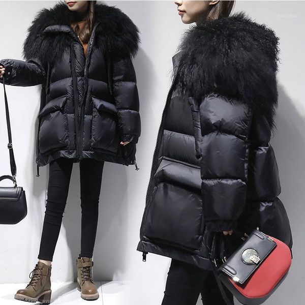 

women oversize white duck down jacket female thicken warm long streetwear parkas natural mongolia sheep fur winter down coat1, Black