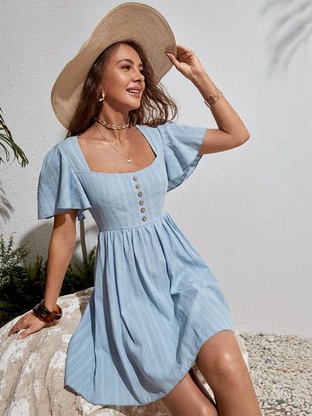 

square neck butterfly sleeve a-line dress she, Black;gray