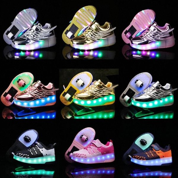 

two wheels luminous sneakers blue pink led light roller skate shoes for children kids led shoes boys girls light up 28-43 #ak6c
