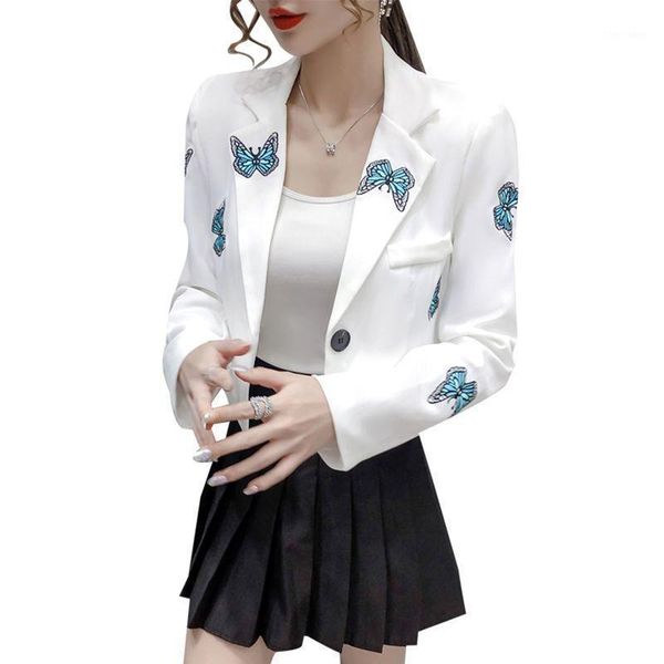 

women's suits & blazers women's jacket blazer 2021 casual notched collar long sleeve female short coat embroidery butterfly autumn, White;black