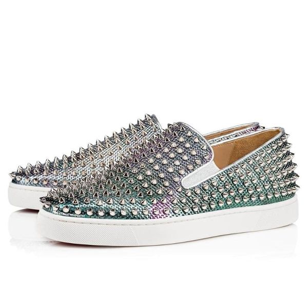 

silver gradient men casual shoes rivets stud slip on flat platform sneakers low shoes, Black
