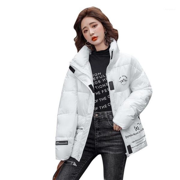 

korean style women's winter jacket with zipper stand collar printing loose female parkas thick cotton padded women puffer coat1, Black