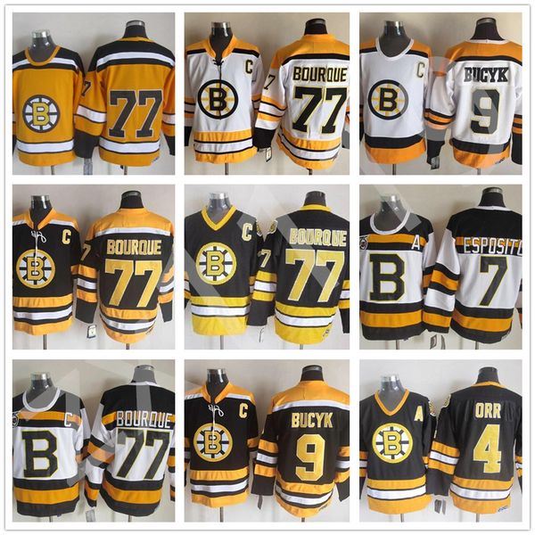 

vintage boston bruins jersey 7 phil esposito 77 ray bourque 9 johnny bucyk black white yellow ccm retro hockey jerseys size 48-56, Black;red