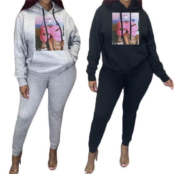 

fleece womens two piece tracksuits long sleeve hooded sweatshirts and slim sweatpant autumn winter casual women 2pcs outfit sets, Gray