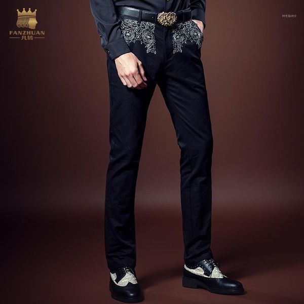 

new arrivals male fashion man's casual personality embroidery men's slim dress microejection pants trousers 6180611, Black