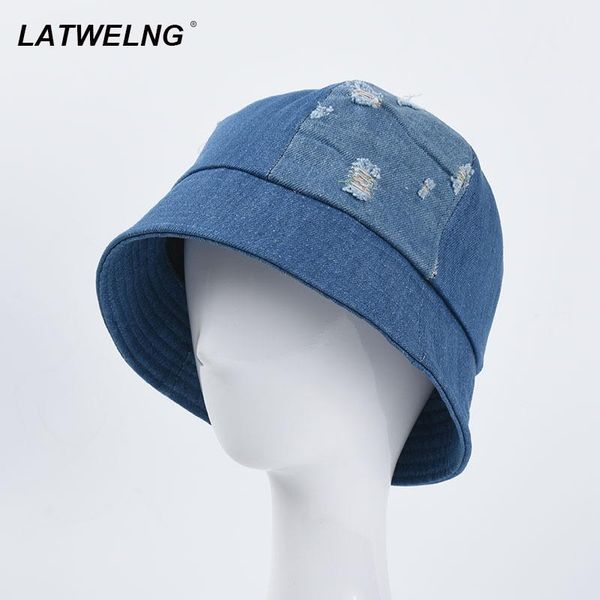 

new patchwork denim small brim bucket hat for women foldable spring summer uv sun hat ladies modern buckets wholesale, Blue;gray
