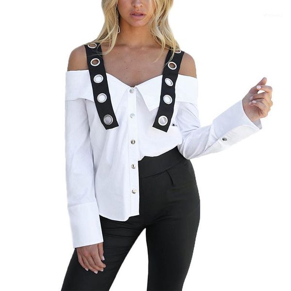 

new female fashion loose leisure long sleeve sling shirt women solid color trendy ribbon off shoulder blouse1, White