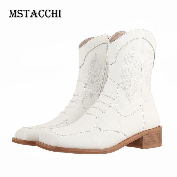 

mstacchi women totem embroider square toe short boots ethnic lady zipper sewing flat with jackboots retro winter ankle boots, Black
