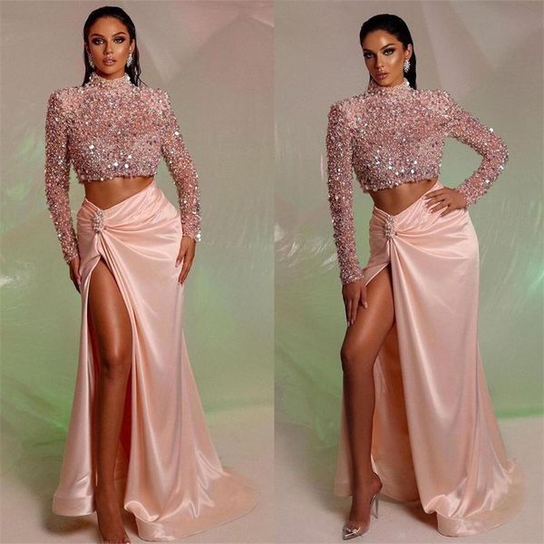 

2 pieces pink evening dresses beads sequins high neck prom dress custom made side split long sleeves robe de mariÃ©e, Black;red