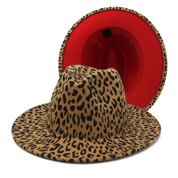 2020 Men Women Wide Brim Wool Felt Leopard Print Fedora Hats With Belt Buckle Vintage Flat Two Tone Panama Trilby Cap Hat Q1216 Y0910