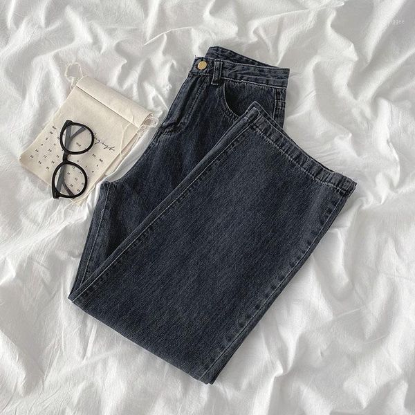 

women's jeans empire wide leg women autumn solid blue ankle length all match 2021