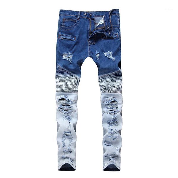

new spring european american men's stitching jeans straight pocket zipper trend locomotive folds hole slim pants trousers1, Blue