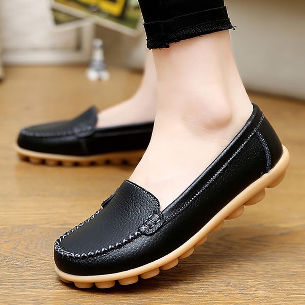 

genuine leather shoes woman soft boat shoes for women flats shoes big size 35-44 ladies loafers non-slip sturdy sole c1103, Black;white