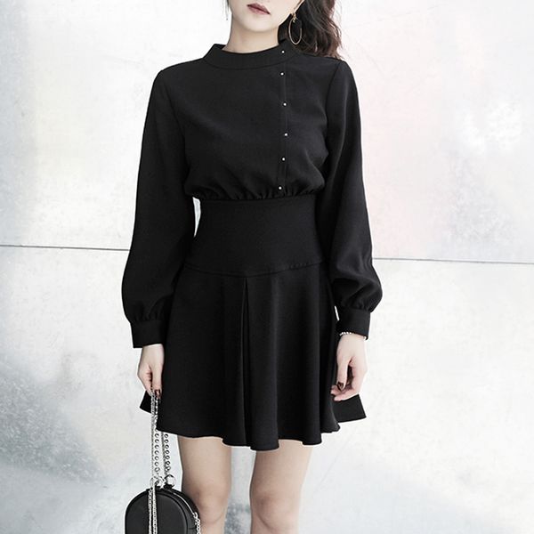 

autum women vintage high waist mini long sleeve a-lined punk style gothic dresses for goth girls female retro dress y200805, Black;pink