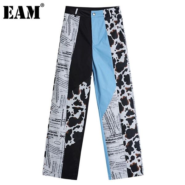

eam] high waist pattern printed spliced denim trousers new loose fit pants women fashion tide spring autumn 2021 1dd0147, Black;white