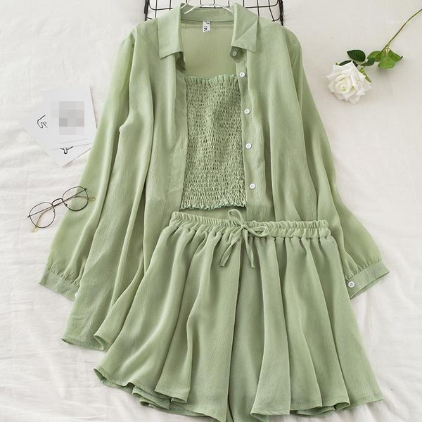 

women chiffon 3 piece sets new summer thin blouse tank shorts outfit woman fashion casual pants three pcs set clothing1, White