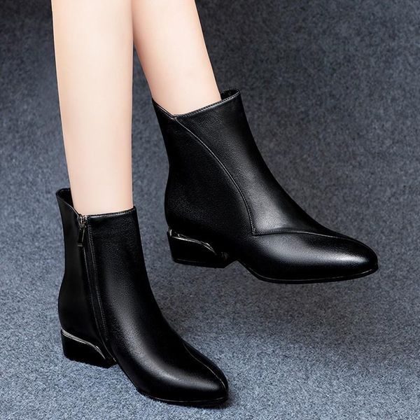 

2020 winter women ankle boots black office lady shoes pointed mid heels booties plush warm botas mujer autumn spring 8746n