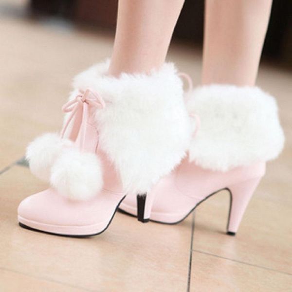 

winter fashion new sweet hair ball plus velvet warm women's boots wild comfortable high-heeled girl winter boots, Black