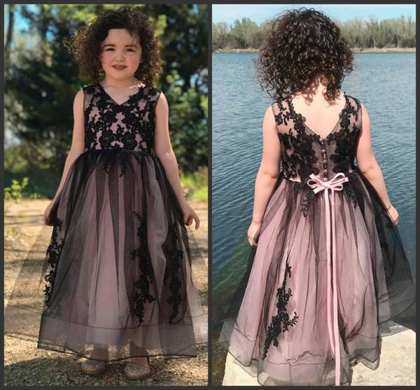 

flower girls dress v neck black lace appliques lace up back ankle length new arrival cuatom made party birthday dress for girl, Red;yellow