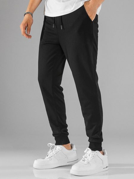 

men drawstring waist slant pocket sweatpants 43ia#, Black