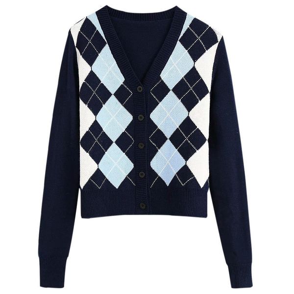 

women cardigan vintage argyle short knitted sweater fashion england style long sleeve plaid cardigans sweater outerwear, White;black