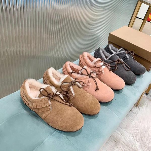 

swonco genuine leather winter shoes flats women natrual wool fur warm snow boots tassel 2020 new fashion wool fur winter loafers, Black