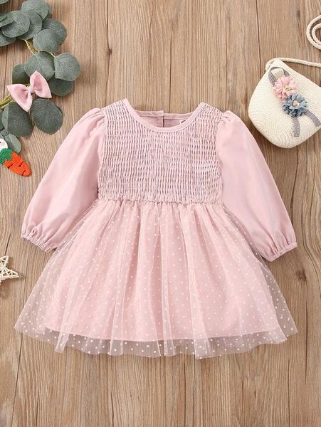 

baby shirred puff sleeve dobby mesh hem dress she, Red;yellow