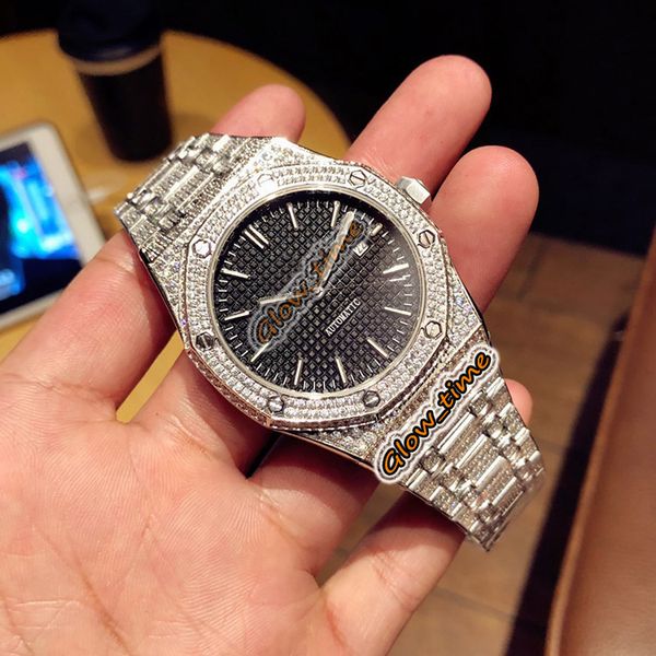 

diamond inlay edition black date dial 15400st.oo.1220st.01 japan miyota automatic mens watch iced out silver diamond case luxry watches, Slivery;brown